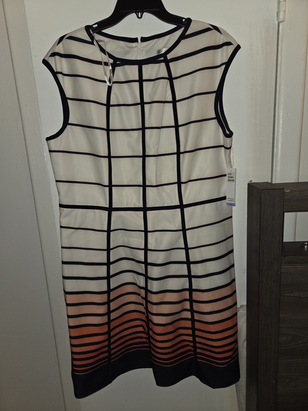 Sandra Darren Black & Cream Windowpane Midi Dress with Peach Ombre